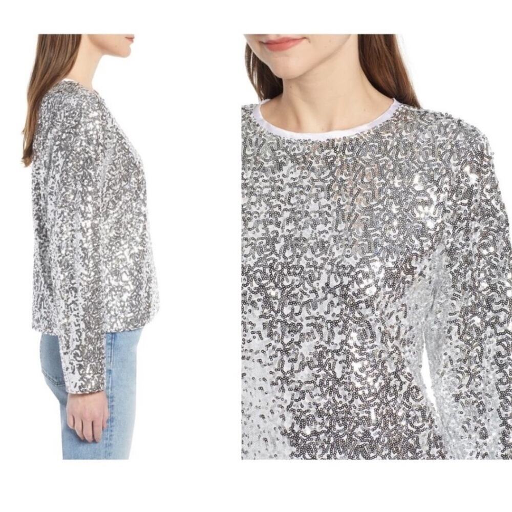 Something Navy All Over Silver Sequin Long Sleeve Blouse - Picture 7 of 7